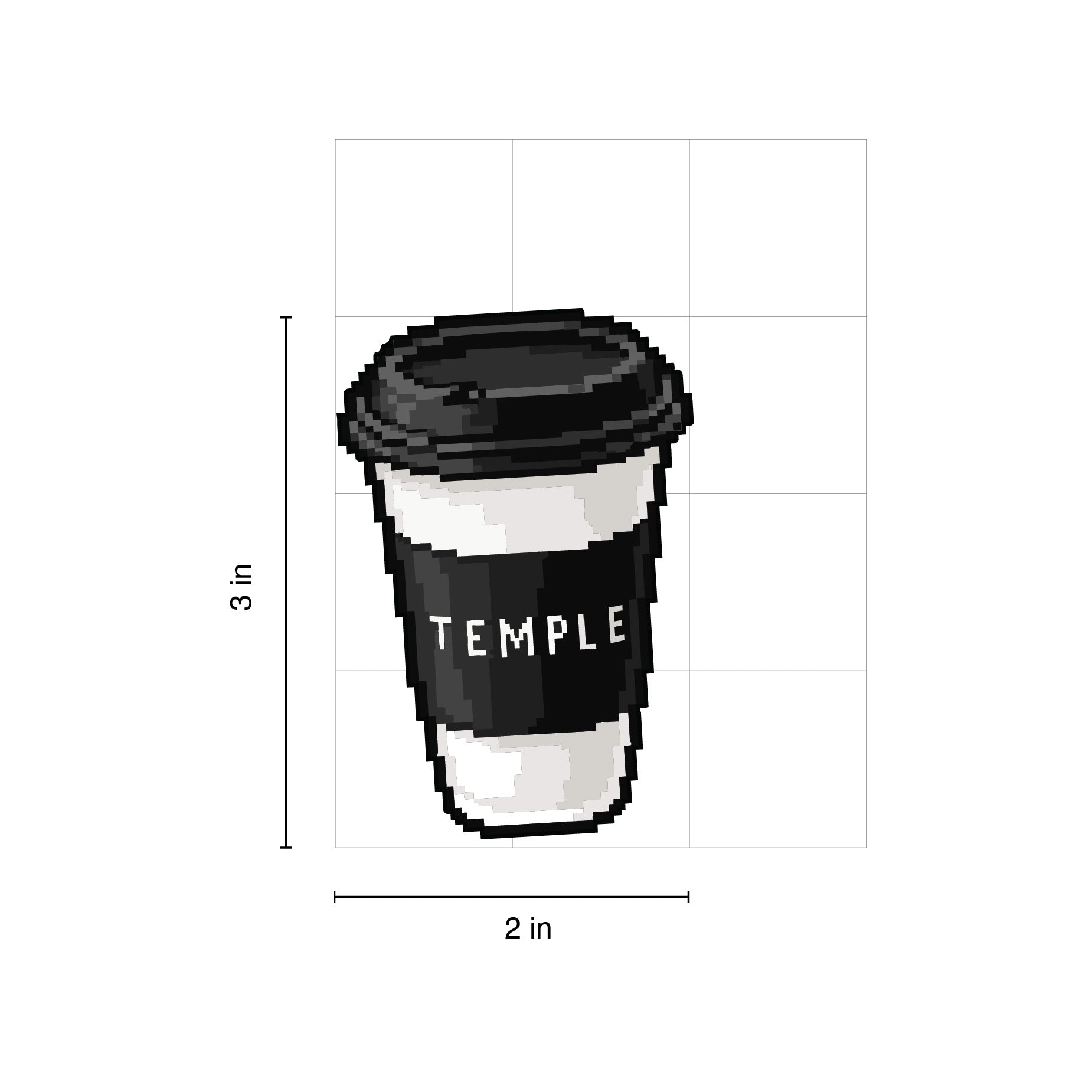 A die-cut sticker featuring pixel-art style coffee cup with a black lid and black sleeve printed with the word TEMPLE, shown with dimension labels indicating 3 in height and 2 in width on a white background.