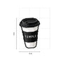 A die-cut sticker featuring pixel-art style coffee cup with a black lid and black sleeve printed with the word TEMPLE, shown with dimension labels indicating 3 in height and 2 in width on a white background.