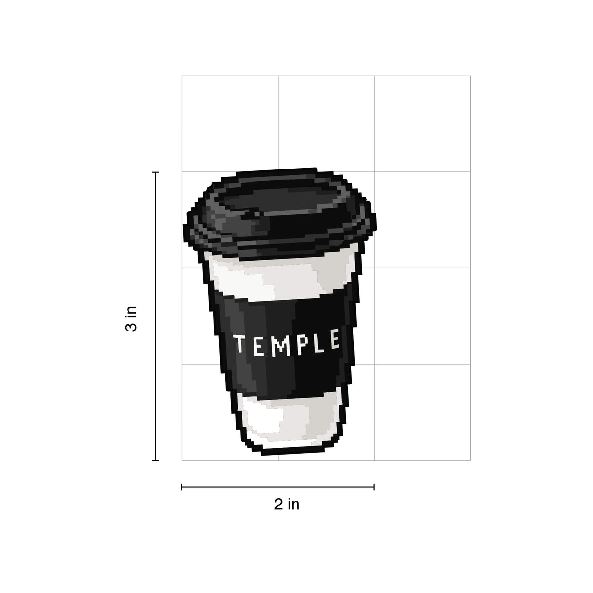 A die-cut sticker featuring pixel-art style coffee cup with a black lid and black sleeve printed with the word TEMPLE, shown with dimension labels indicating 3 in height and 2 in width on a white background.
