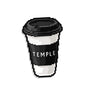A die-cut sticker featuring a pixel-art style black and white takeaway coffee cup with a black lid and the word 'TEMPLE' printed on the sleeve, shown on a plain white background.