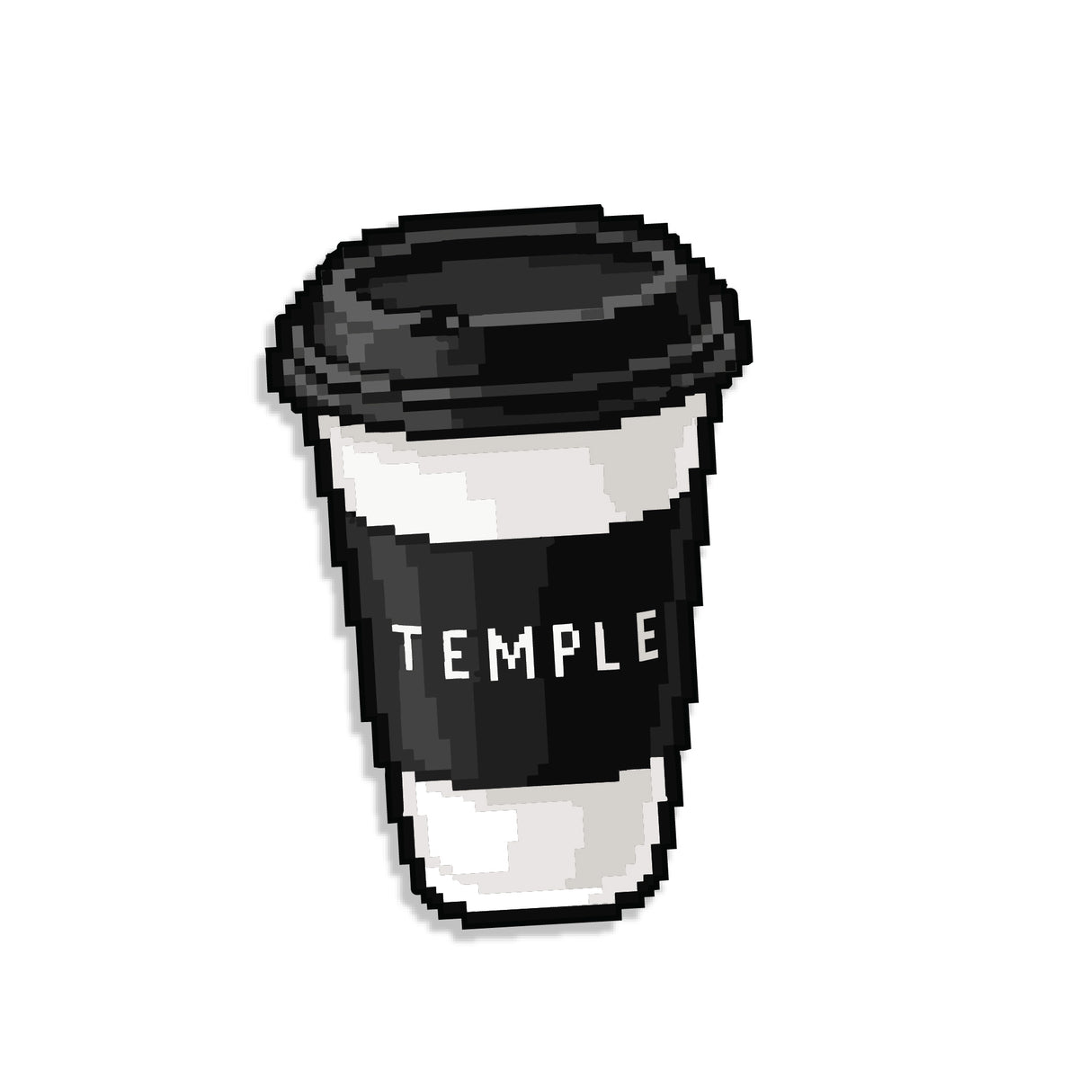 A die-cut sticker featuring a pixel-art style black and white takeaway coffee cup with a black lid and the word 'TEMPLE' printed on the sleeve, shown on a plain white background.