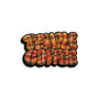 A stylized 'TEMPLE COFFEE' die-cut sticker with a plaid pattern in orange, brown, and yellow tones, outlined in black and presented on a solid white background.
