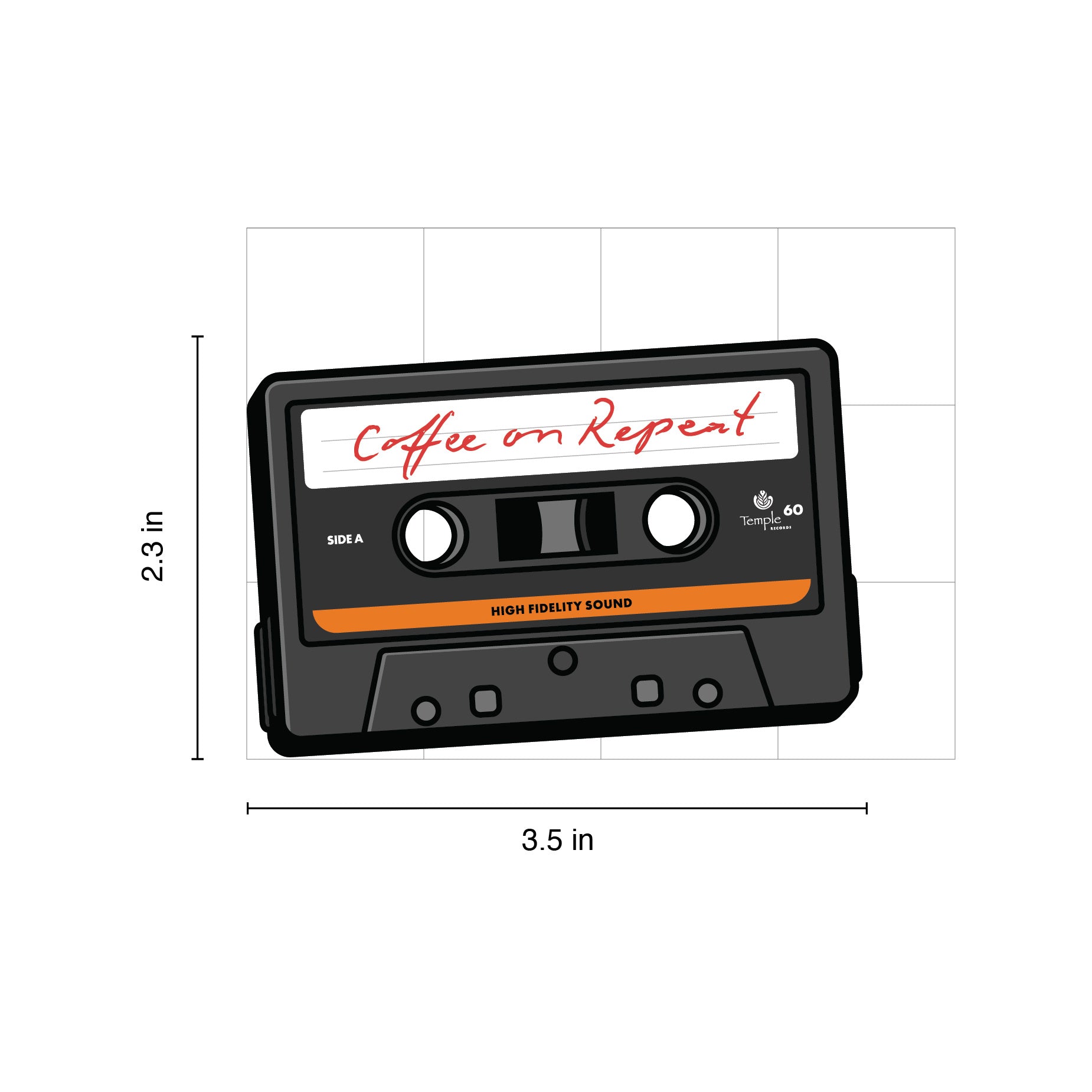 A die cut sticker featuring a cassette tape graphic with dimension labels showing 2.3 in height and 3.