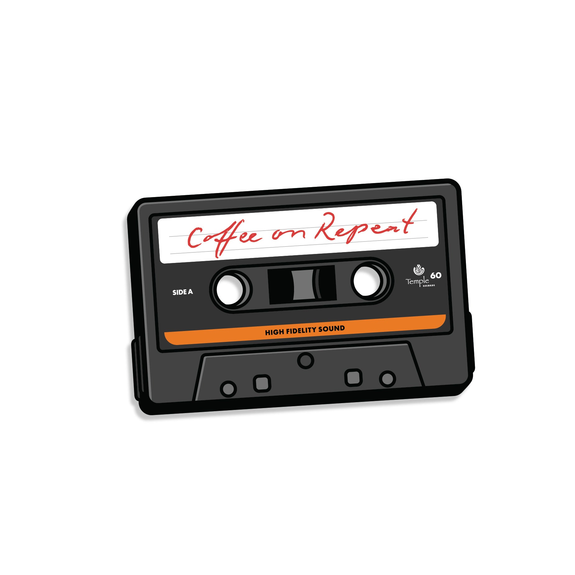 A die-cut sticker featuring stylized cassette tape graphic in black with a white label reading 'Coffee on Repeat' in red script, plus an orange stripe and small 'Temple Records' branding, shown on a plain white background.