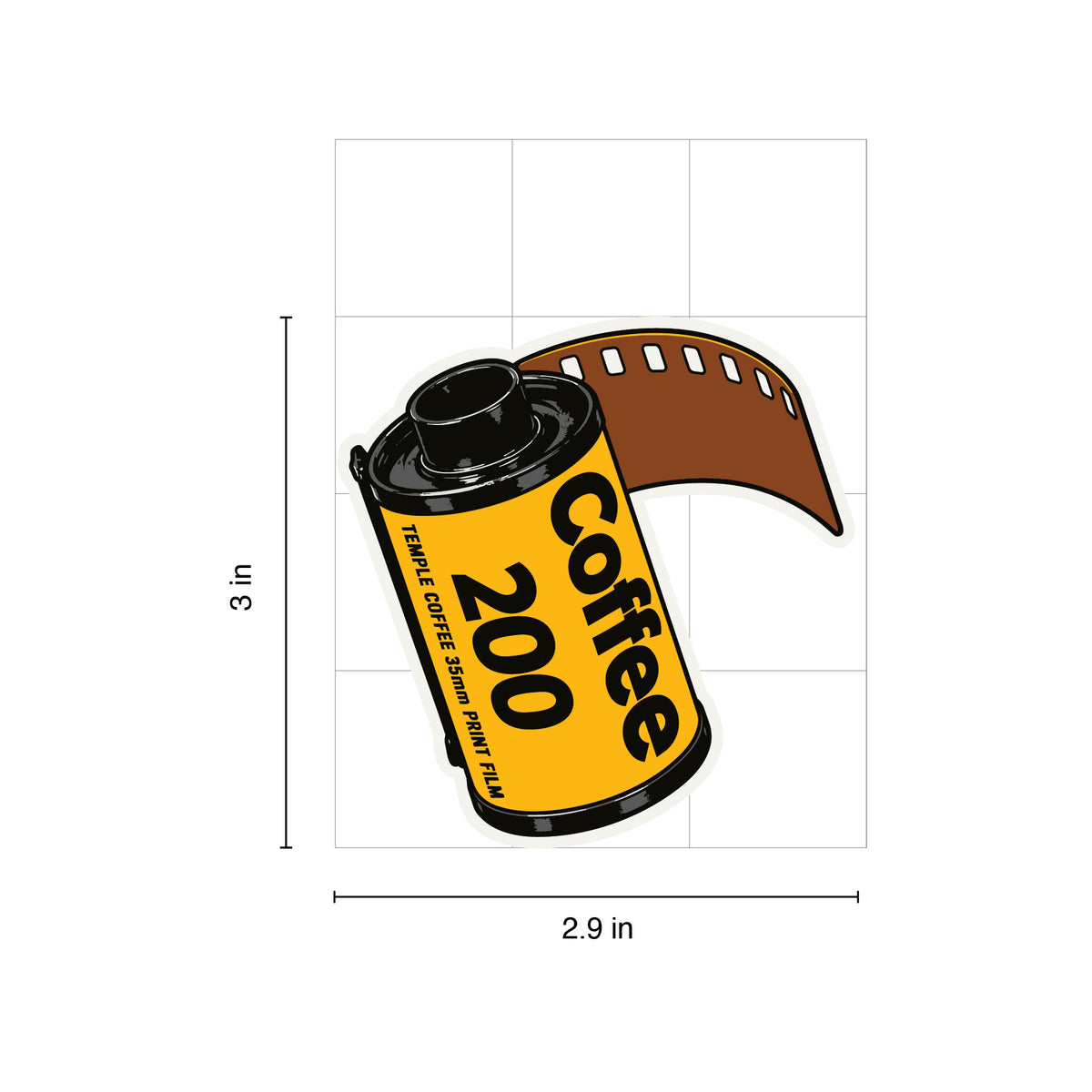 A die-cut sticker of a vintage 200 coffee film can with a brown film strip unspooling, shown on a white grid background with dimension lines indicating 3 in by 2.9 in.