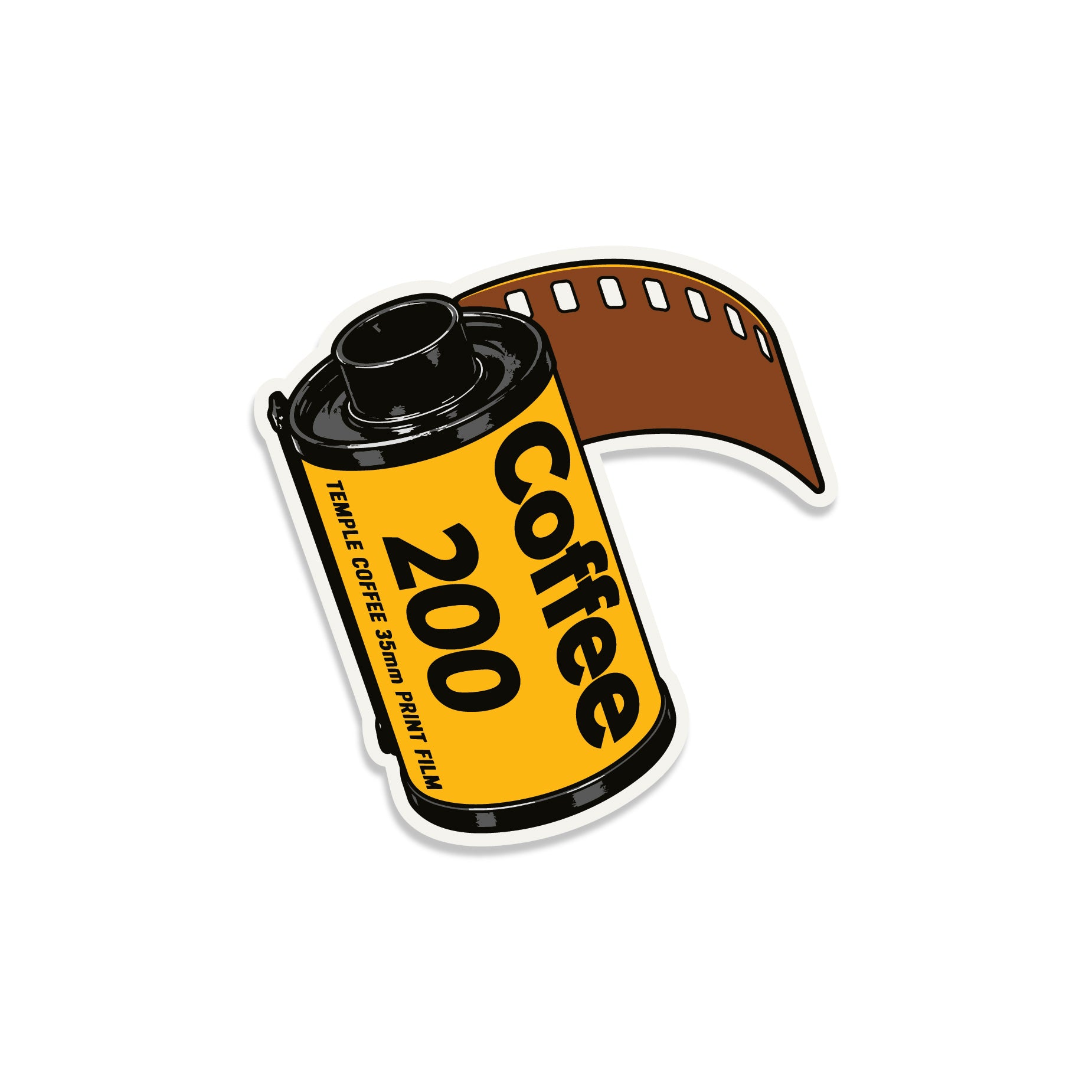 A die-cut sticker or graphic of a film can labeled 'Coffee 200' with a brown film strip curling out, shown on a plain white background.