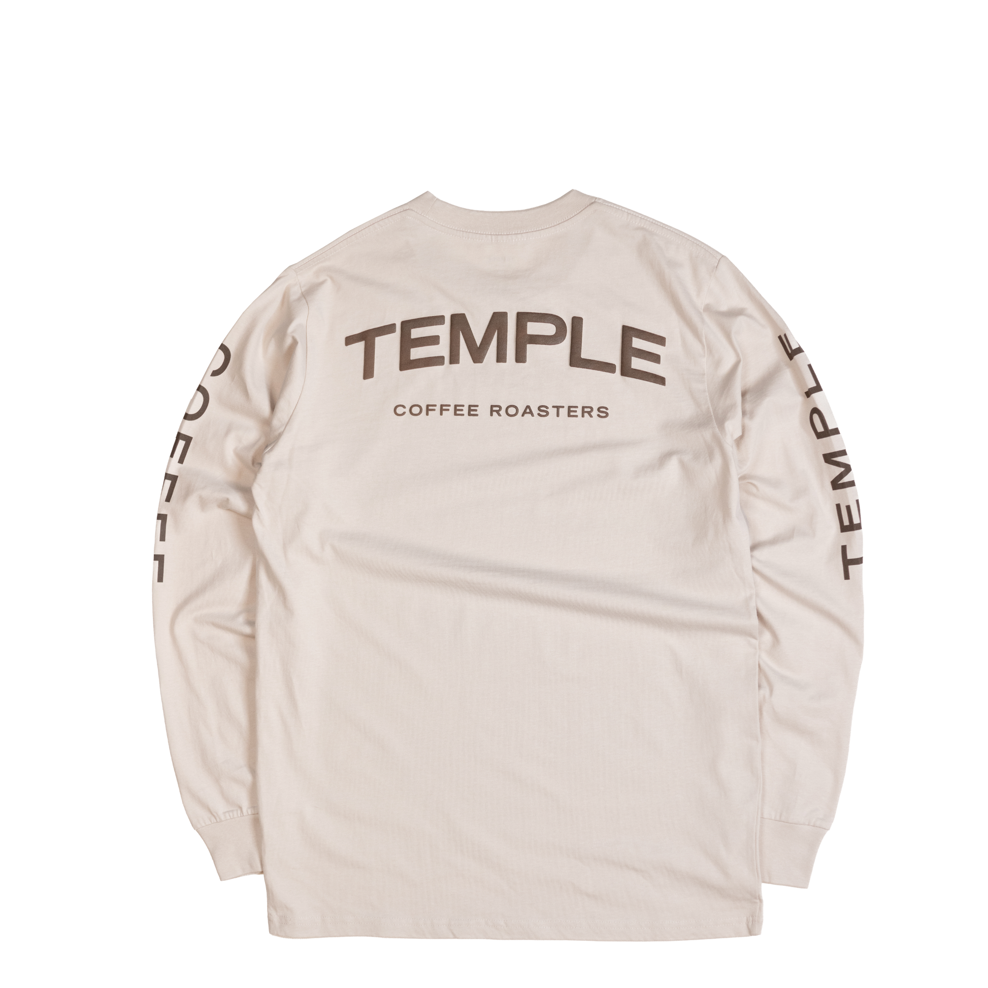 Offwhite long-sleeve shirt with 'Temple Coffee Roasters' branding on a white background