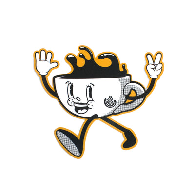 Cartoon character with a coffee cup for a head, arms, and legs on a white background