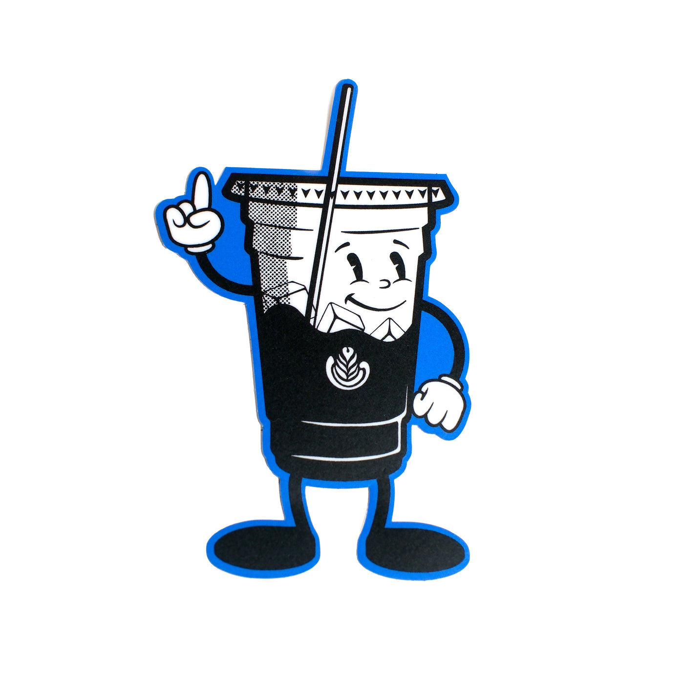 Cartoon character of a coffee cup with a face, arms, and legs on a white background