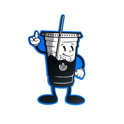 Cartoon character of a coffee cup with a face, arms, and legs on a white background