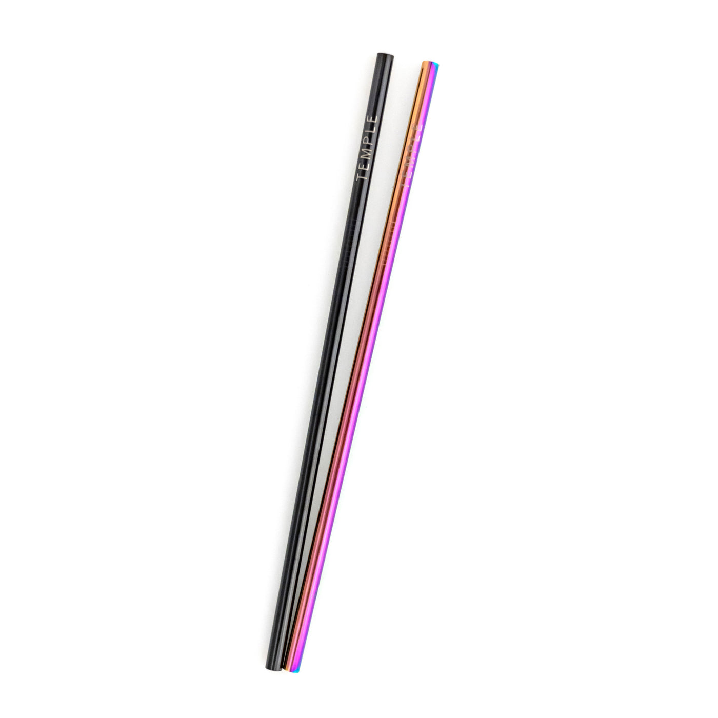 Two engraved metal straws with the 'TEMPLE' logo: one in black and one with an iridescent finish.