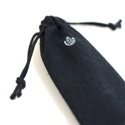 Closeup of a black fabric carrying case featuring the Rosetta logo.