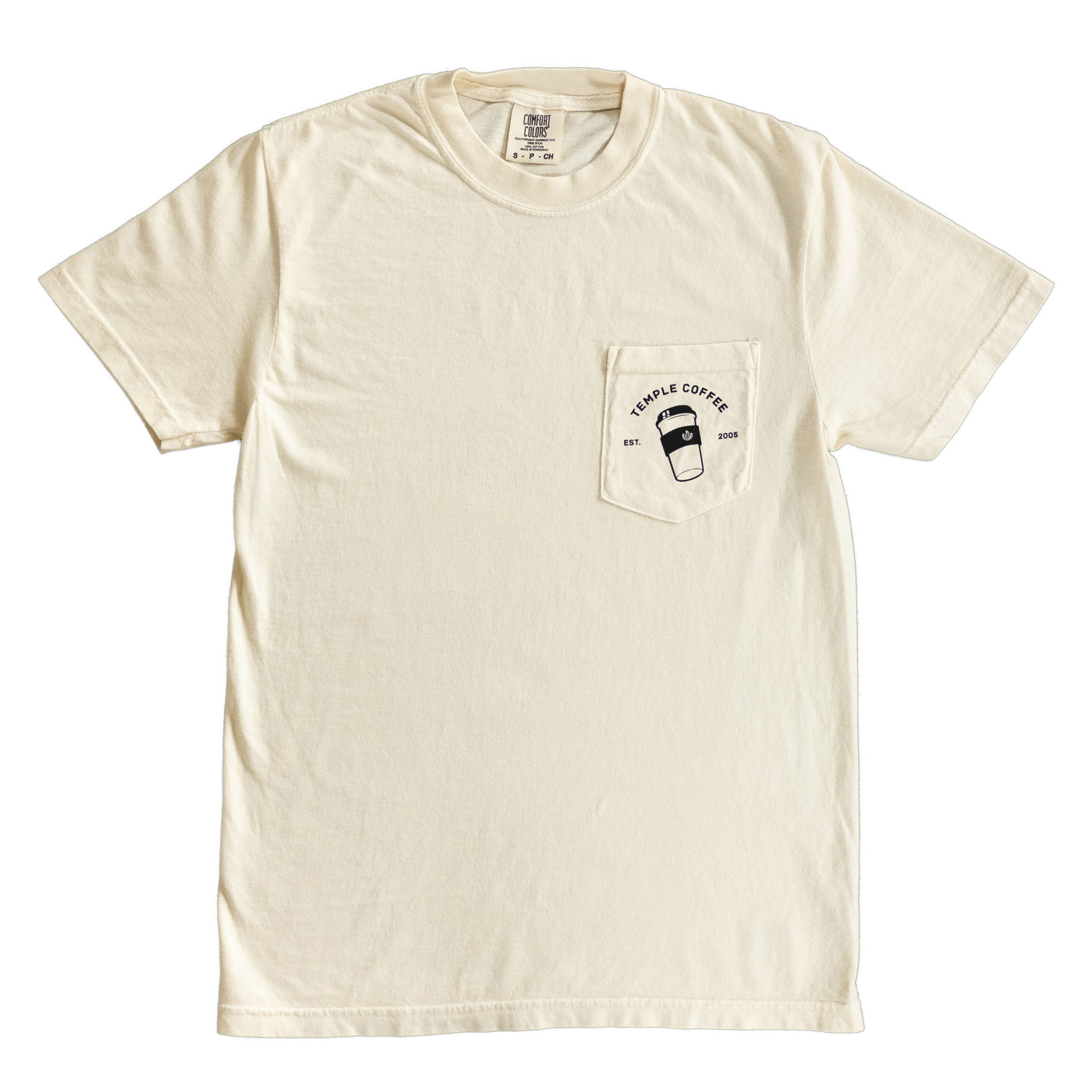 Cream colored t-shirt, with printed "Temple Coffee, Est. 2005, abd a To-Go Cup" on the pocket.