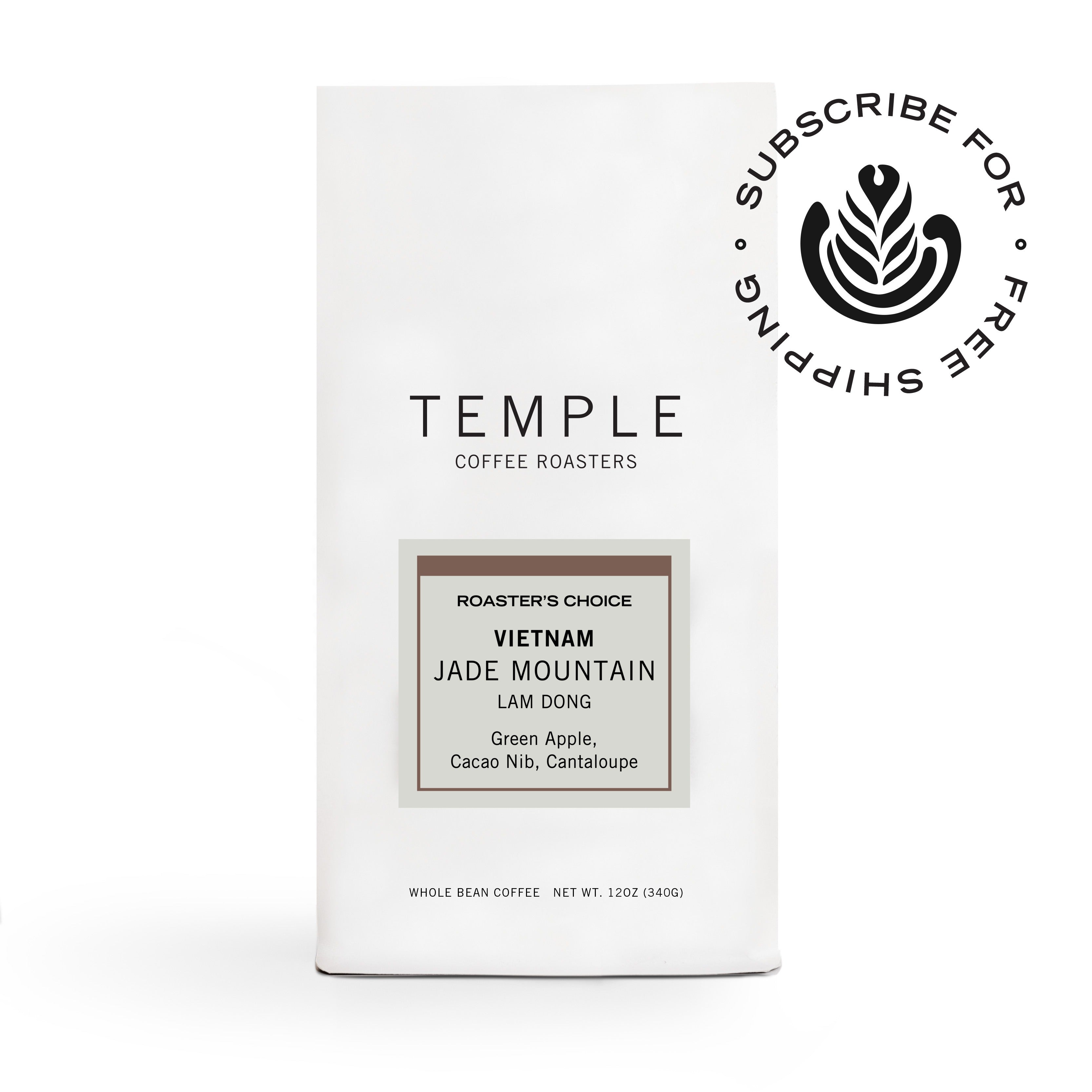 Bag of Vietnam Jade Mountain Roaster's Choice coffee with subscribe and ship free emblem. 