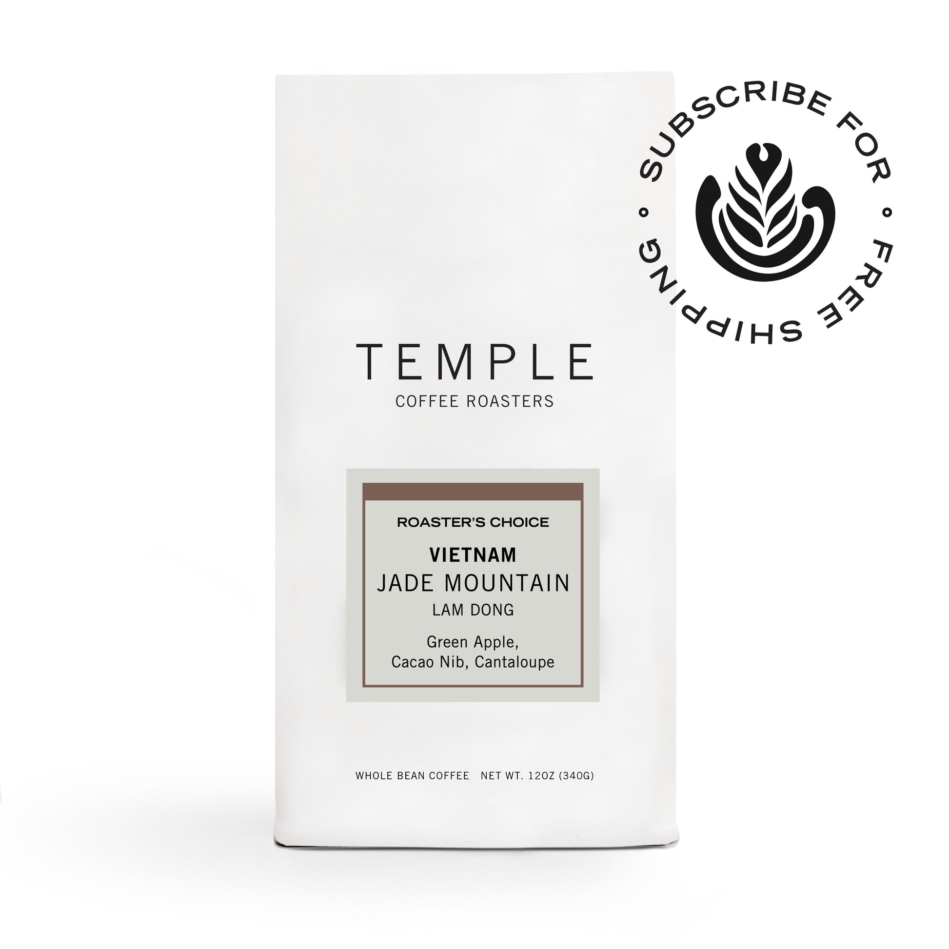 Bag of Vietnam Jade Mountain Roaster's Choice coffee with subscribe and ship free emblem. 
