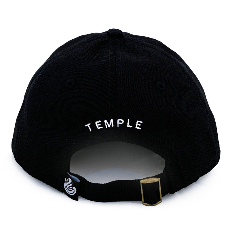 The backside of a Black "Dad" Style Baseball Cap with the word "TEMPLE" embroidered in White.